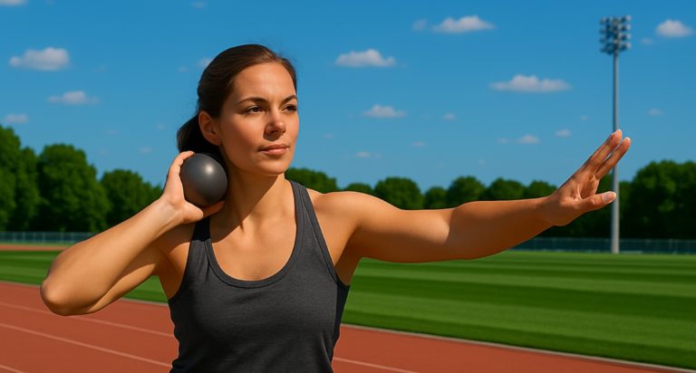 Athletische Frau beim Kugelstoßen auf einem Sportplatz unter blauem Himmel