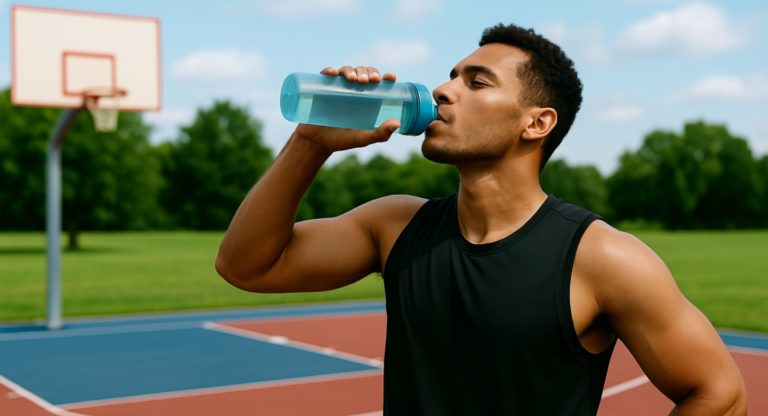 Junger Sportler steht auf einem Basketballplatz und trinkt Wasser aus einer Flasche bei sonnigem Wetter