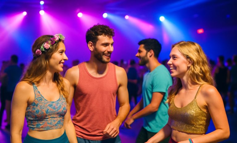Fröhliche Tänzer bei einer Morning Gloryville Pre-Work-Party unter bunten Lichtern