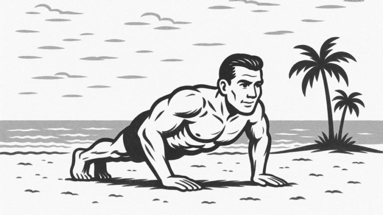 Symbolbild im Charles-Atlas-Stil: muskulöser Sportler beim Liegestütz am Strand