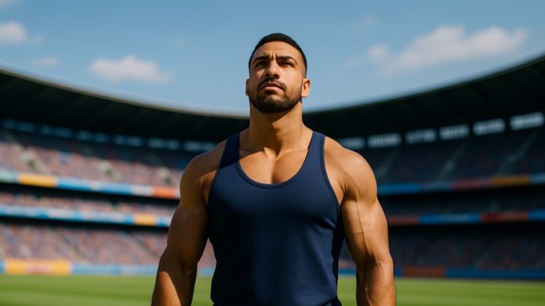 Muskulöser Sportler im Stadion mit Tanktop, leichtem Blick nach oben und sichtbarer Oberkörpermuskulatur
