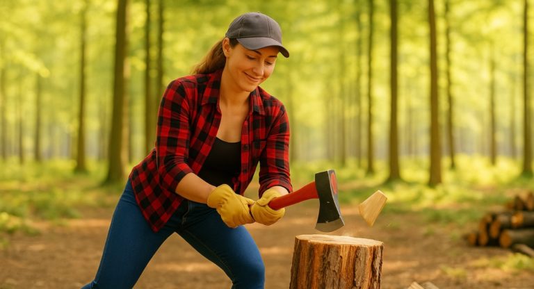 Sportliche Frau mit Axt spaltet lächelnd Holz in einem hellen, sonnendurchfluteten Wald.