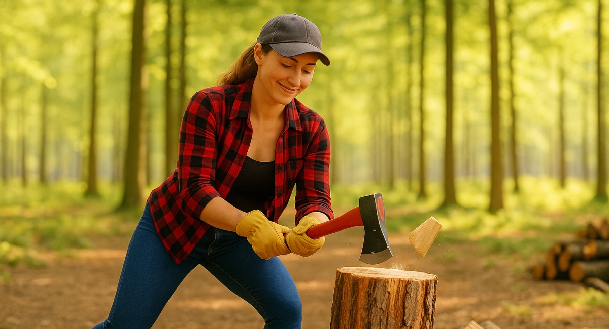 Sportliche Frau mit Axt spaltet lächelnd Holz in einem hellen, sonnendurchfluteten Wald.