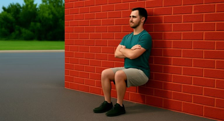 Ein junger Mann in Sportkleidung führt die Übung „Wandsitzen“ aus. Er sitzt lächelnd mit verschränkten Armen an einer roten Backsteinwand, während im Hintergrund eine asphaltierte Fläche und niedrige Bäume zu sehen sind. Die Szene wirkt freundlich und motivierend.