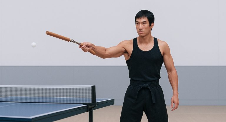 Symbolbild: Ein asiatischer Kampfsportler spielt Tischtennis mit einem Nunchaku – inspiriert vom berühmten Bruce-Lee-Video.