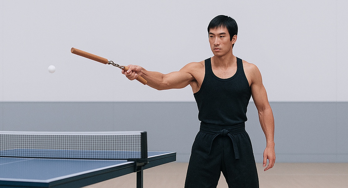 Symbolbild: Ein asiatischer Kampfsportler spielt Tischtennis mit einem Nunchaku – inspiriert vom berühmten Bruce-Lee-Video.
