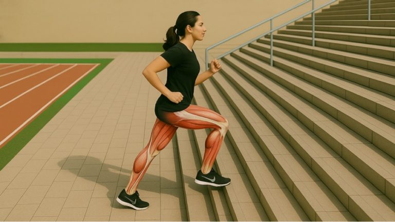 Sportlerin beim Treppentraining mit anatomischer Darstellung der Gesäß- und Beinmuskulatur