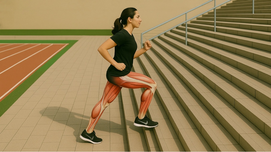Sportlerin beim Treppentraining mit anatomischer Darstellung der Gesäß- und Beinmuskulatur