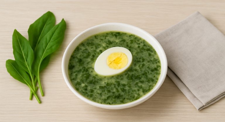 Eine Schale mit frisch zubereiteter Sauerampfersuppe auf einem hellen Untergrund
