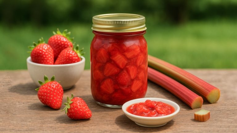 Einmachglas mit Erdbeer-Rhabarber-Kompott auf Holztisch im Garten, daneben frische Erdbeeren und Rhabarberstangen