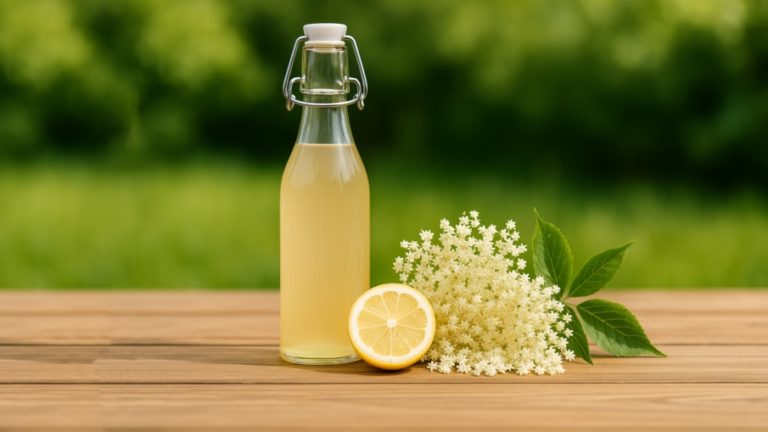 Holunderblütensirup in kleiner Glasflasche auf Holztisch im Garten