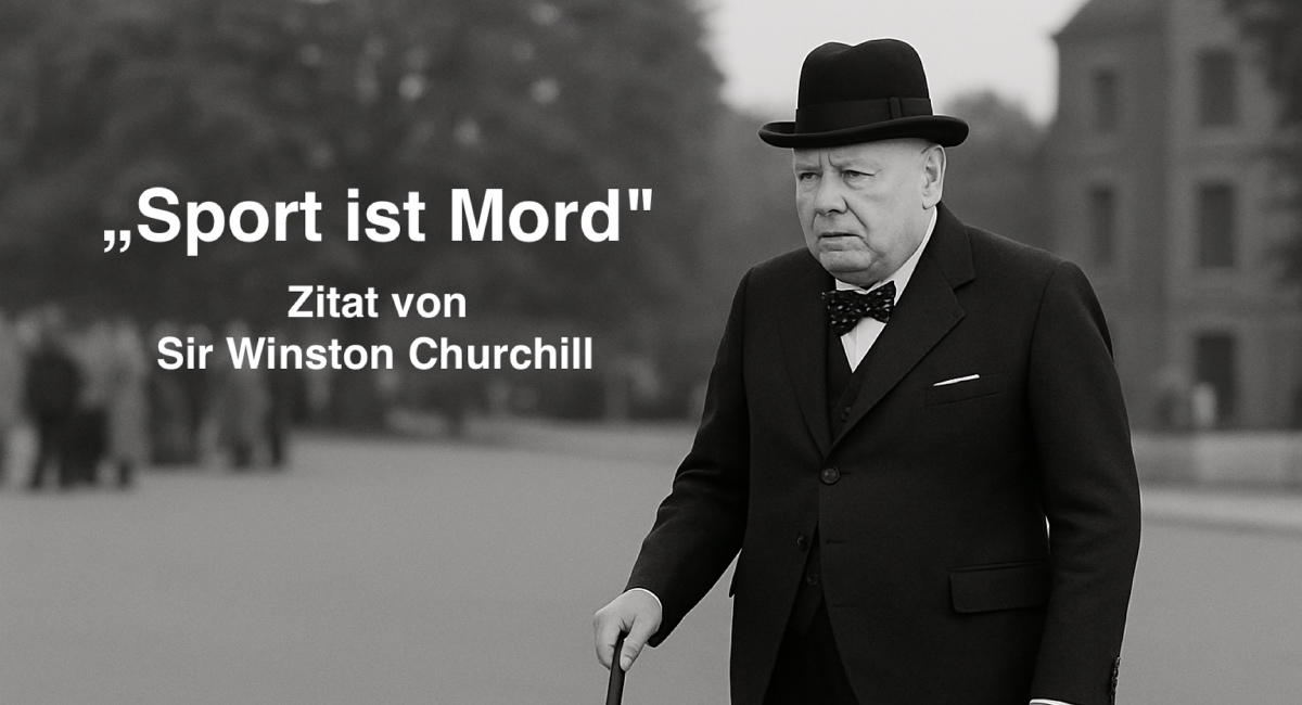 Ein schwarz-weißes Foto zeigt einen älteren Herrn im Anzug, Mantel und mit Melone, der einen Spazierstock hält und ernst schaut. Links im Bild steht in großen Buchstaben: „Sport ist Mord“. Darunter: „Zitat von Sir Winston Churchill“.