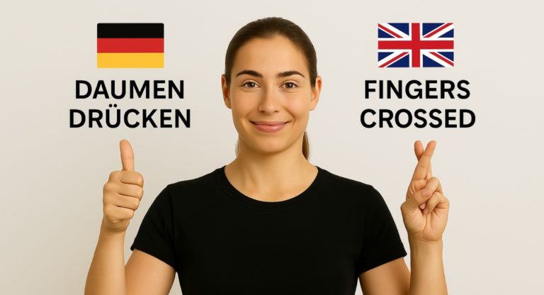 Junge Frau mit schwarzem T-Shirt zeigt die Geste „Daumen drücken“ mit der linken Hand und „fingers crossed“ mit der rechten Hand; darüber sind die deutsche und britische Flagge mit den jeweiligen Redewendungen zu sehen.