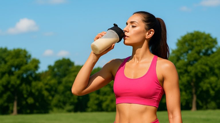 Sportlerin trinkt im Park aus einem Proteinshaker
