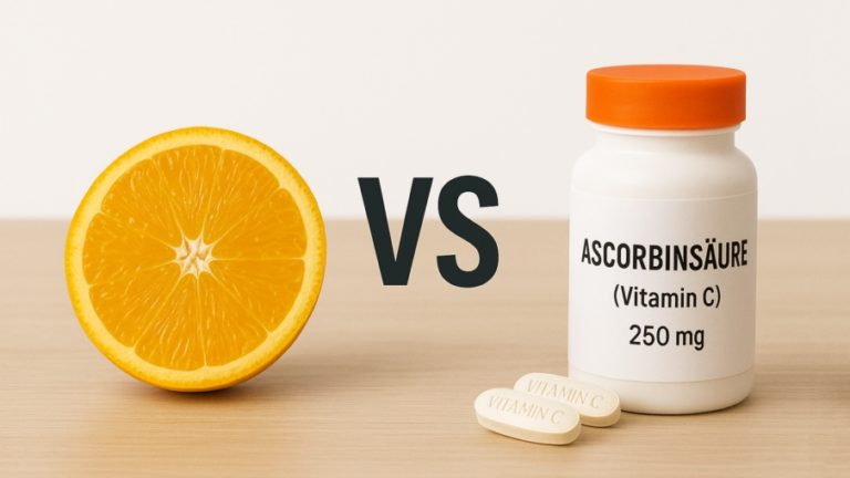 Halbe Orange und Dose mit Ascorbinsäure (Vitamin C) auf Holztisch, „VS“ in der Mitte, weißer Hintergrund