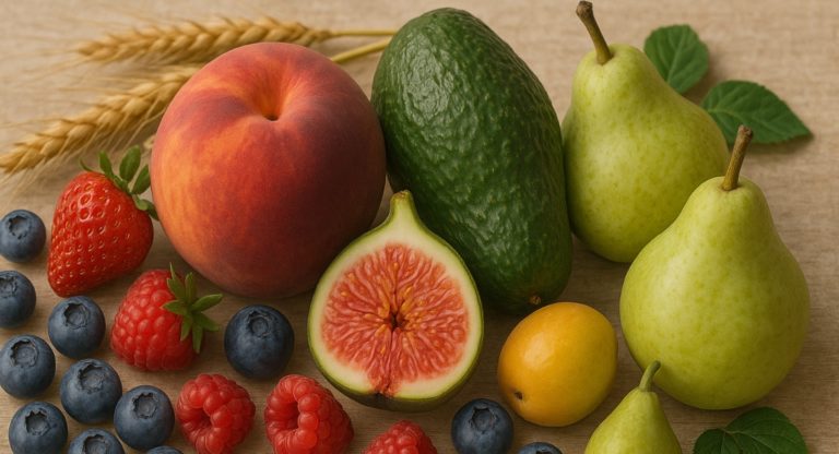 Natürlich arrangiertes Stillleben mit frischem Obst – Pfirsich, Feige, Avocado, Beeren, Birnen und Getreideähren auf hellem Holz