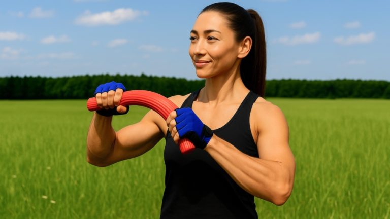 Frau beim Thera-Band Flexbar-Training auf einer Wiese