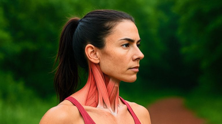Sportlerin mit anatomischer Darstellung der Hals- und Nackenmuskulatur im Park, lächelt freundlich und blickt seitlich