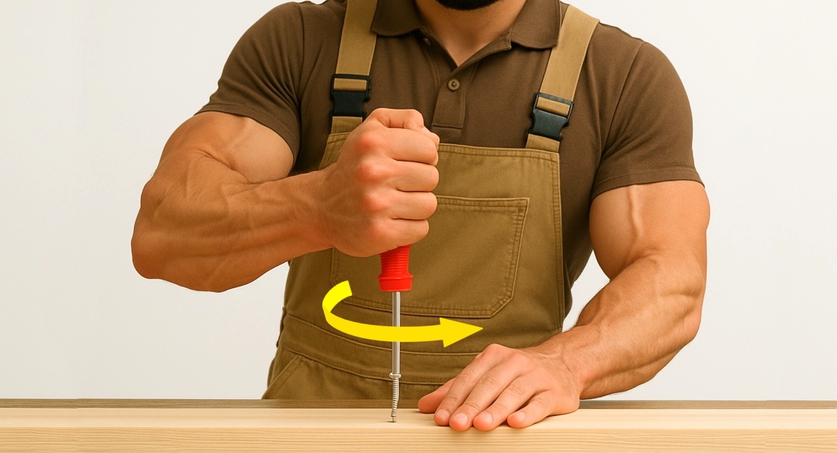 Handwerker steht auf einer Wiese und dreht mit kräftigem Unterarm eine Schraube in ein Holzbrett