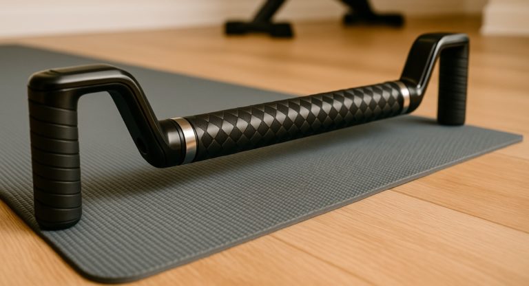 SYWOS One Trainingsgerät liegt griffbereit auf einer grauen Matte im Home Gym