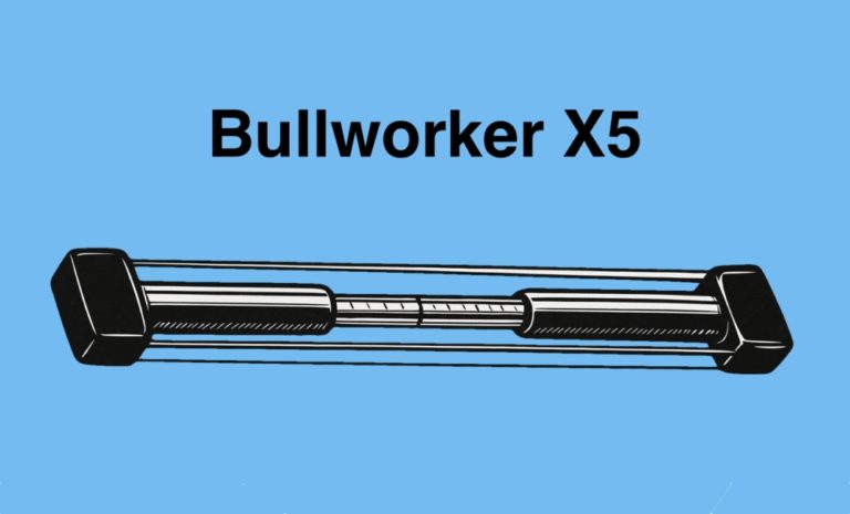 Schwarz-weiße Vintage-Illustration des Bullworker X5 Trainingsgeräts in horizontaler Ausrichtung