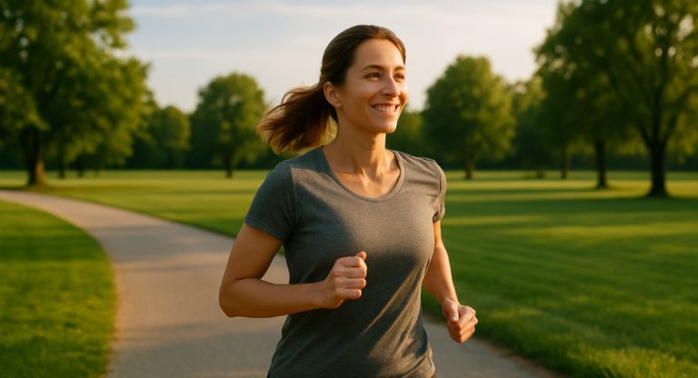 Frau joggt am frühen Morgen auf einem geschwungenen Weg durch einen sonnigen Park