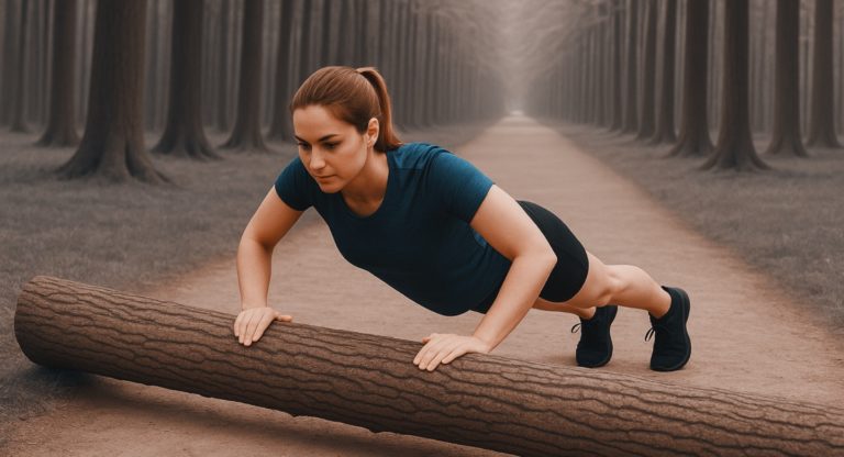 Sportlerin macht Liegestütze auf einem Baumstamm im Wald – Outdoor-Workout auf Naturpfad