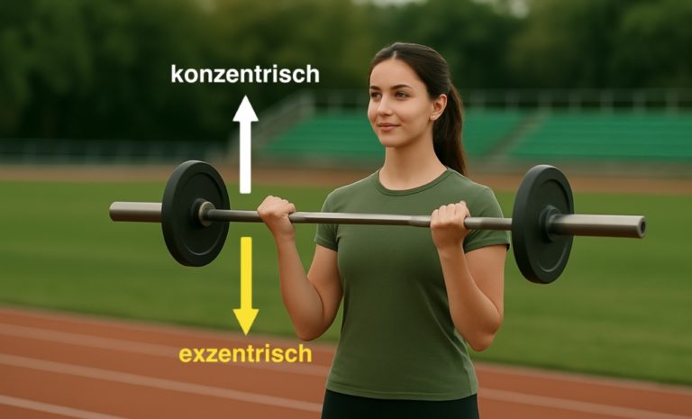 Junge sportliche Frau führt Bizepscurls mit einer Langhantel auf einem Sportplatz aus, leichter Blick nach links, freundlicher Gesichtsausdruck