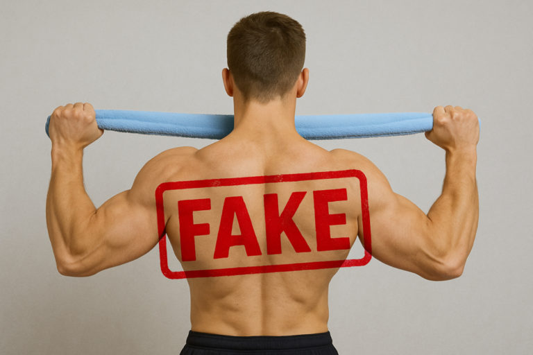 Rückenansicht eines Mannes mit Handtuch in den Händen, roter ‘FAKE’-Stempel über den Rückenmuskeln