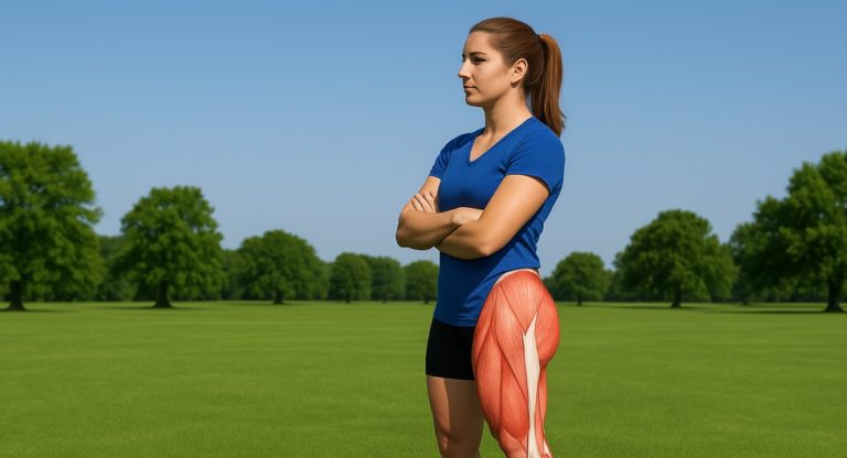 Seitlich stehende Sportlerin mit anatomischer Darstellung der Bein- und Gesäßmuskulatur im Freien