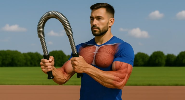 Muskulöser Sportler beim Power-Twister-Training im Freien und anatomischer Darstellung der Brust-, Schulter- und Armmuskulatur.