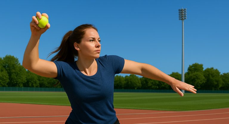 Athletische Frau wirft einen Ball auf einem Sportplatz mit Laufbahn bei blauem Himmel