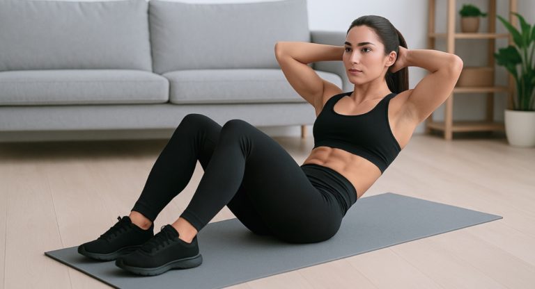 Sportlerin macht Sit ups auf einer Matte in einem hellen, minimalistischen Wohnzimmer.
