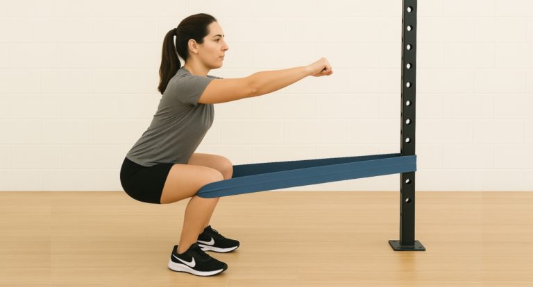Frau macht spanische Kniebeugen mit Widerstandsband an einem Power Rack im Fitnessstudio