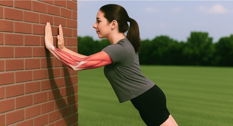 Frau macht Wandliegestütz im Freien mit anatomischer Darstellung der Armmuskulatur