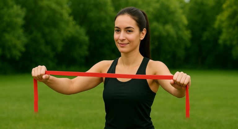 Fitnesstrainerin steht im Park und zieht ein rotes Widerstandsband auf Schulterhöhe auseinander, blauer Himmel im Hintergrund