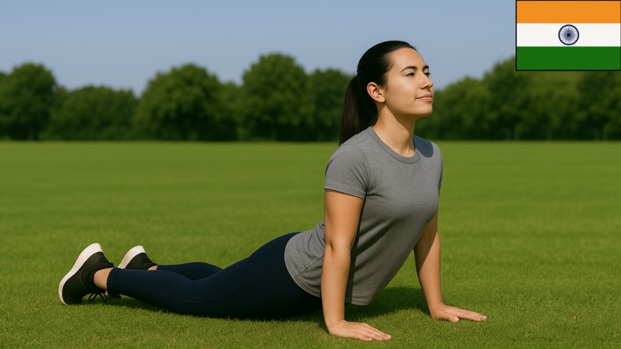 Sportlerin führt im Park die Indische Liegestütze aus – Rückenstreckung auf dem Rasen bei sonnigem Wetter