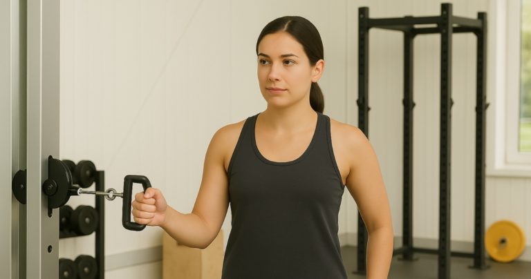 Frau im Fitnessstudio führt eine Innenrotation am Kabelzug aus.
