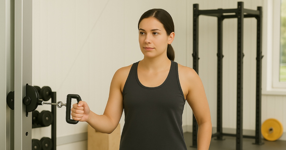 Frau im Fitnessstudio führt eine Innenrotation am Kabelzug aus.