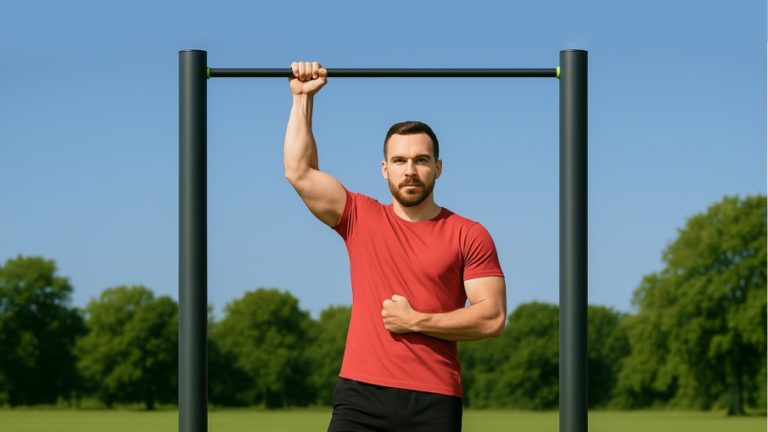Sportler macht einen einarmigen Klimmzug im Park – rote Sportkleidung, schwarze Shorts,
