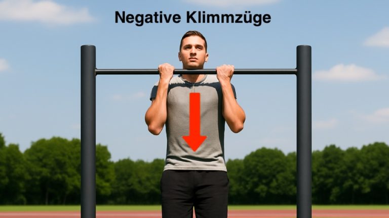 Sportler beim negativen Klimmzug – Oberkörper über der Stange, langsames Absenken mit rotem Pfeil nach unten, blauer Himmel im Hintergrund.