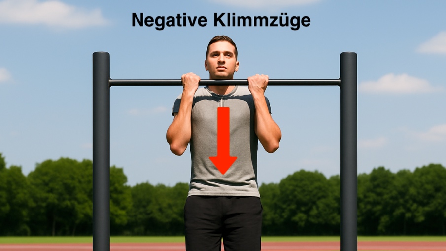 Sportler beim negativen Klimmzug – Oberkörper über der Stange, langsames Absenken mit rotem Pfeil nach unten, blauer Himmel im Hintergrund.