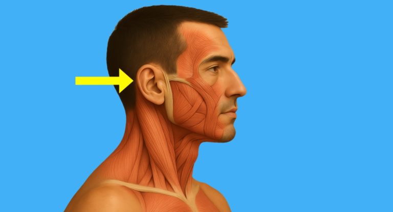 Seitliche Ansicht eines Mannes mit freigelegter Gesichtsmuskulatur, Fokus auf die Ohrmuskeln und umliegende Strukturen.