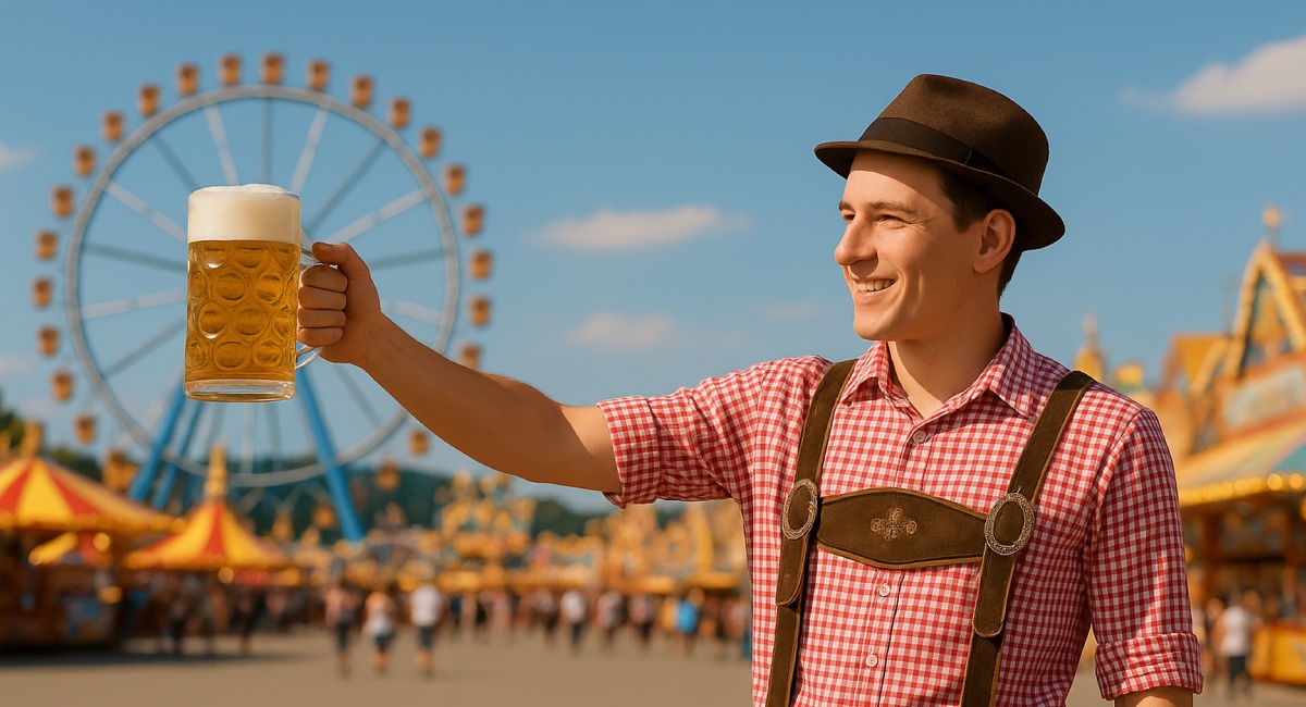 Ein junger Mann in Tracht hält auf einem Volksfest einen Maßkrug Bier in die Luft. Im Hintergrund sind ein Riesenrad, Zelte und Besucher zu sehen.
