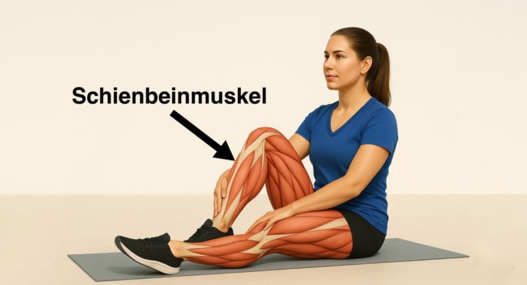 Sportlerin sitzt auf einer Trainingsmatte, beide Beine anatomisch dargestellt mit Fokus auf die Muskulatur des Schienbeins.