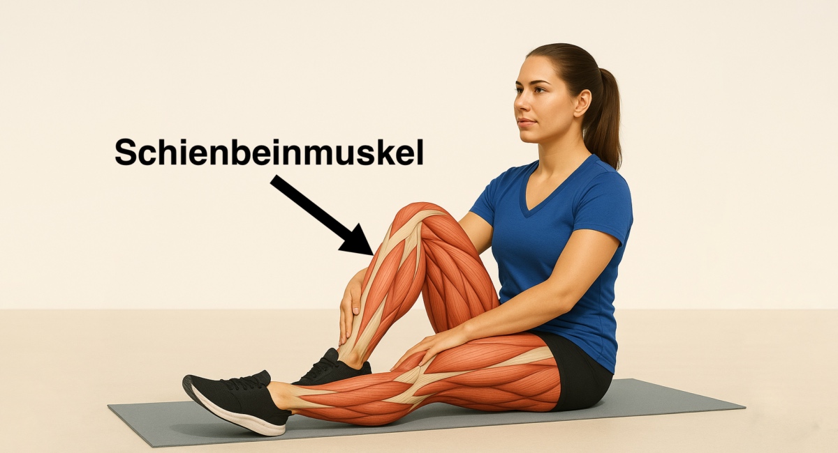 Sportlerin sitzt auf einer Trainingsmatte, beide Beine anatomisch dargestellt mit Fokus auf die Muskulatur des Schienbeins.
