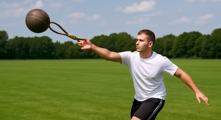 Athlet wirft Schleuderball auf einem Rasenfeld – typische Abwurfposition beim Schleuderballwurf