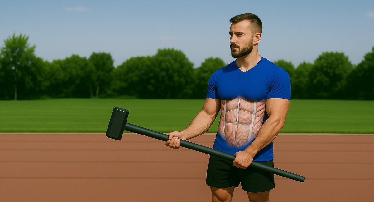 Ein sportlicher Mann steht mit einem Vorschlaghammer auf einem roten Sportplatz, im Hintergrund Wiese und Bäume