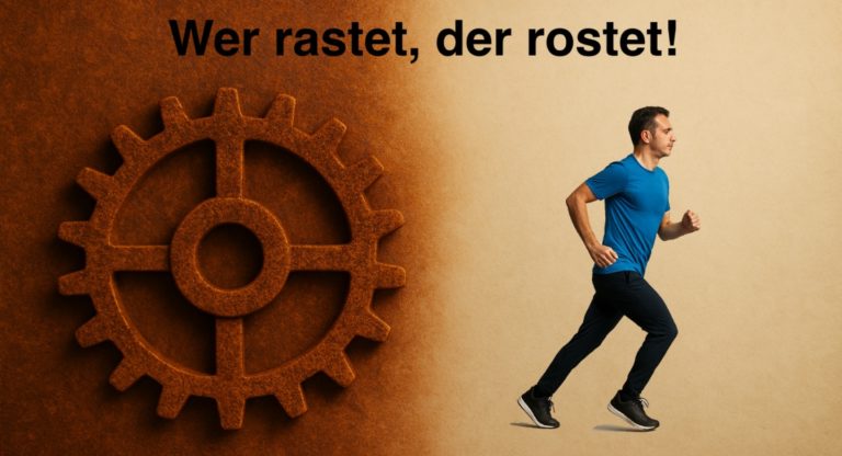 Rostiges Zahnrad auf braunem Hintergrund neben joggendem Mann als Symbol für Bewegung und Vitalität.