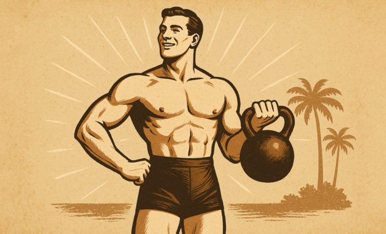 Vintage-Illustration eines muskulösen Mannes im Stil von Eugen Sandow mit Kettlebell am Strand
